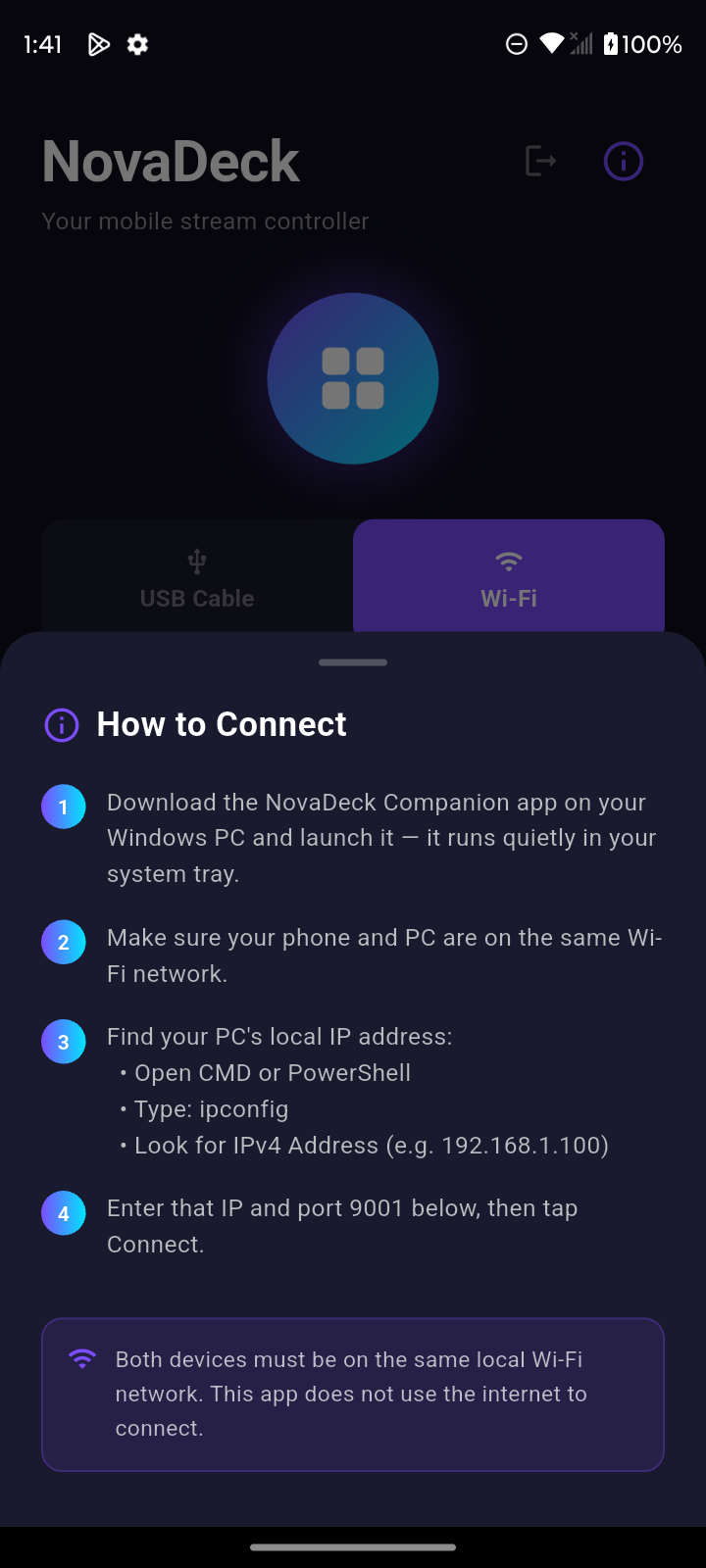 NovaDeck in-app connection guide